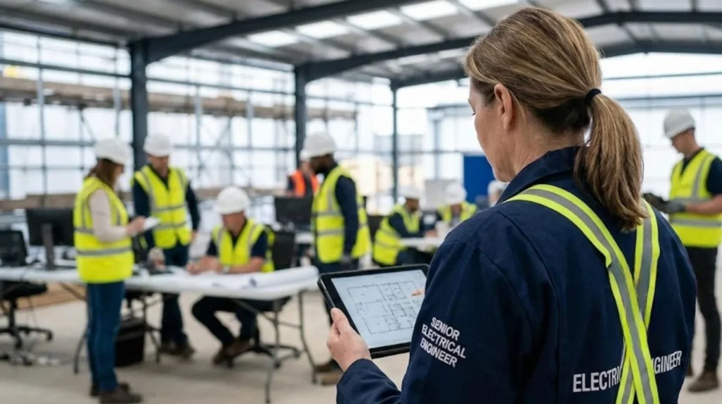 Senior electrical engineer reviewing digital plans while supervising a team during an on-site project meeting.