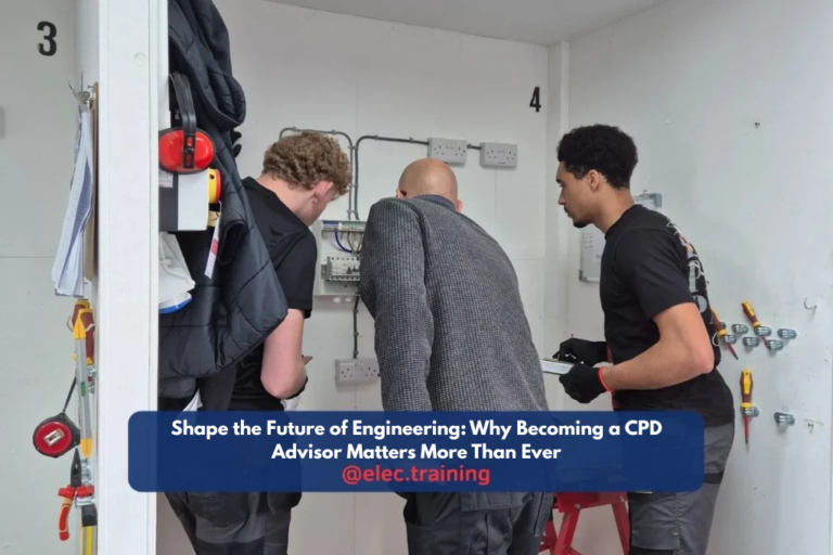 Three electricians reviewing an electrical installation on a training wall