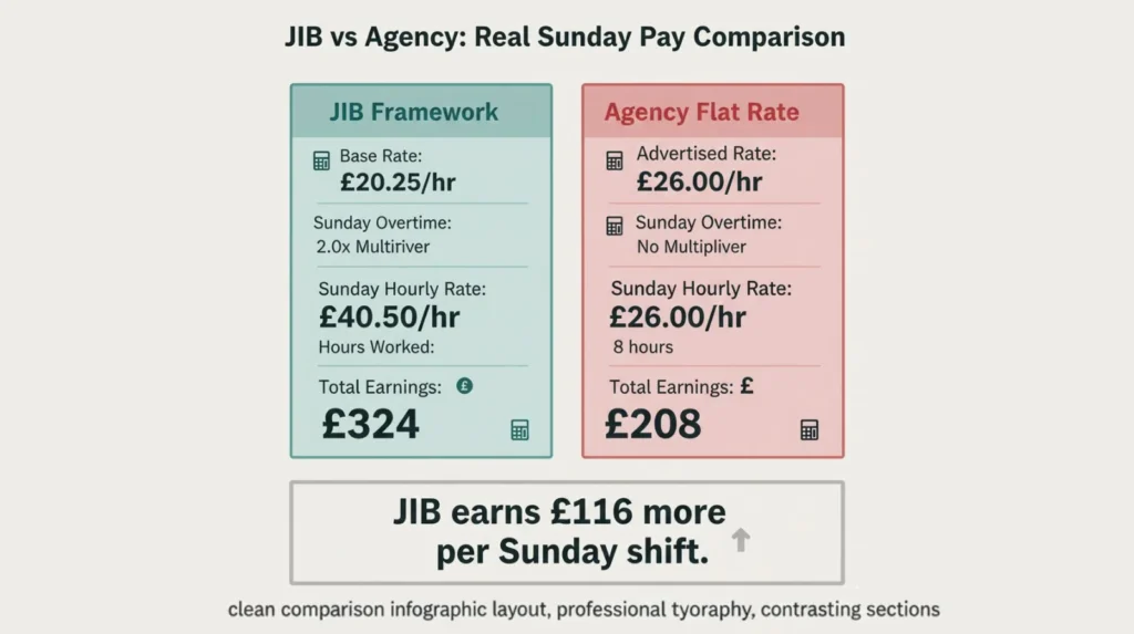 Side-by-side comparison showing JIB framework electrician earning ÂŁ116 more than agency flat rate for same Sunday shift