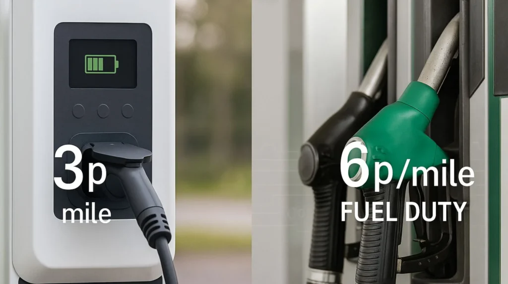 Split comparison of EV charging point and petrol pump showing new pay-per-mile tax rates versus existing fuel duty