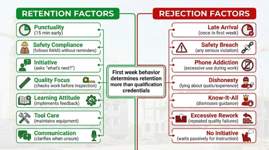Split diagram comparing retention factors (punctuality, safety compliance, initiative) versus rejection factors (late arrival, safety breaches, excessive supervision needs) for mates and improvers