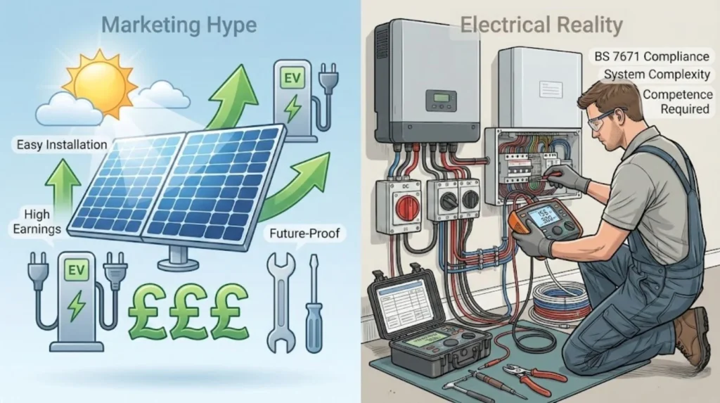 Split illustration showing solar and EV marketing promises versus the real complexity of compliant electrical installation.