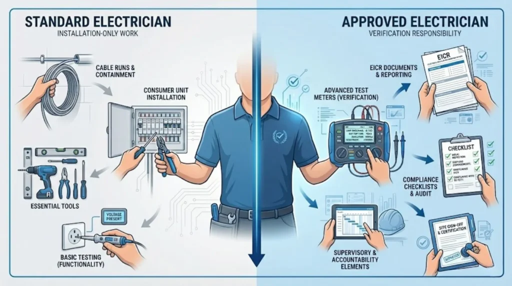 Standard Electrician and an Approved Electrician, showing installation-only tasks on the left and testing, verification, documentation, and compliance responsibilities on the right.