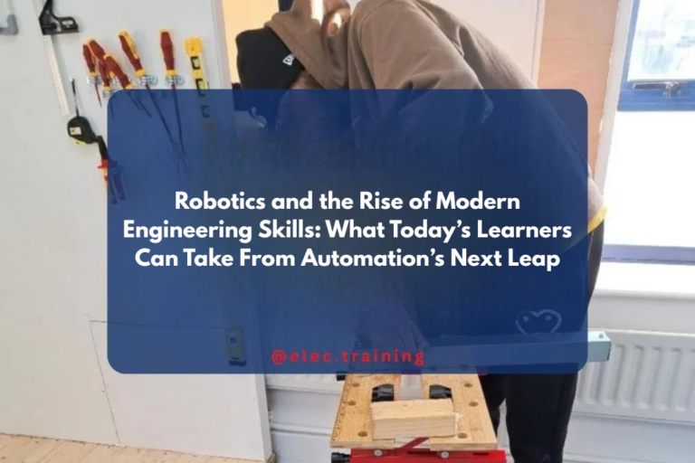 Trainee electrician bending or installing conduit at a wall-mounted training station.