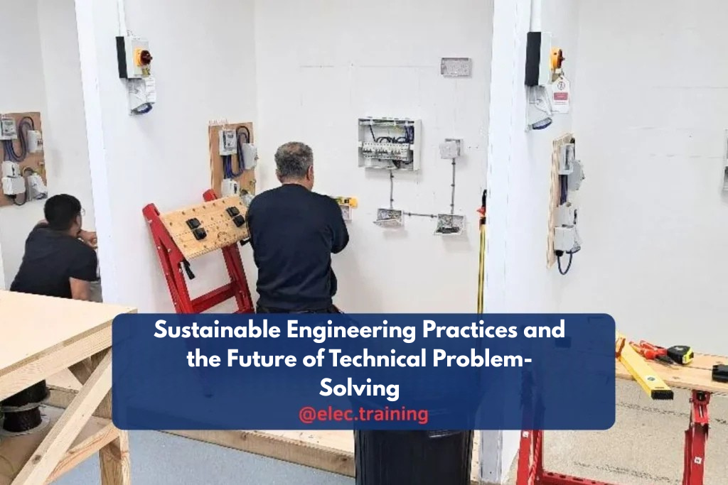 Electricians working on wall-mounted electrical training installations in a workshop.