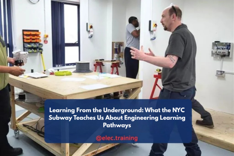 Instructor speaking to trainees during a practical electrical training session in a workshop.