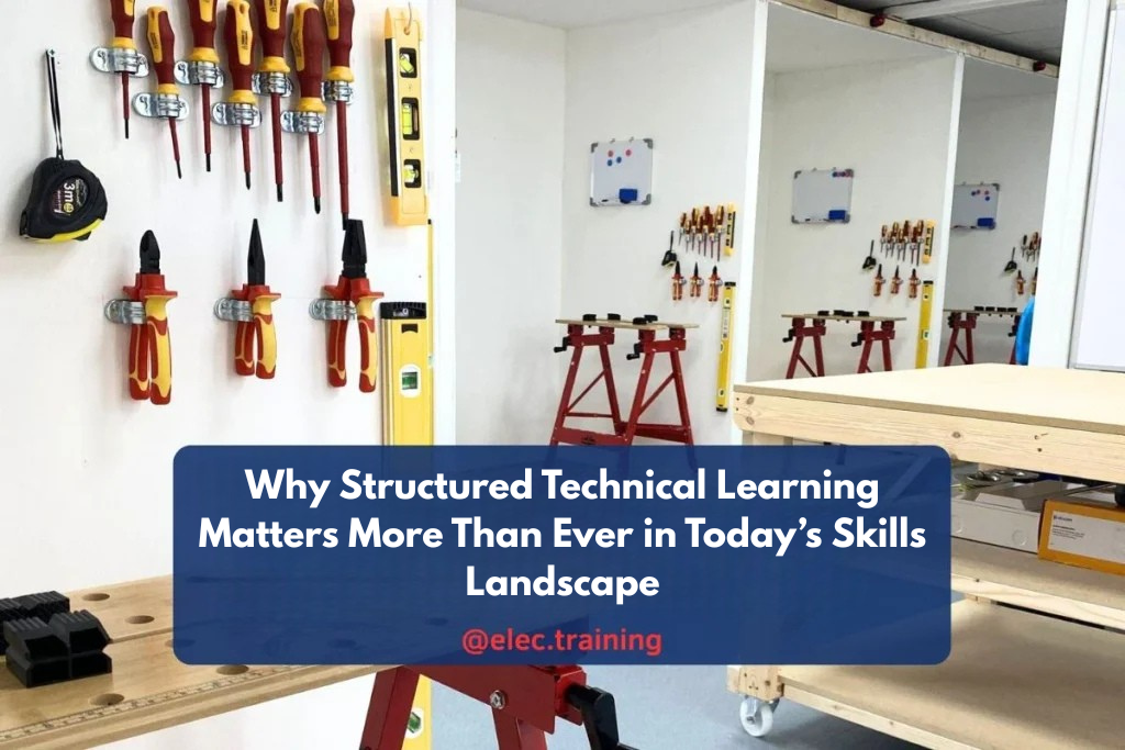 Electrical training workshop with wall-mounted tools and workbenches