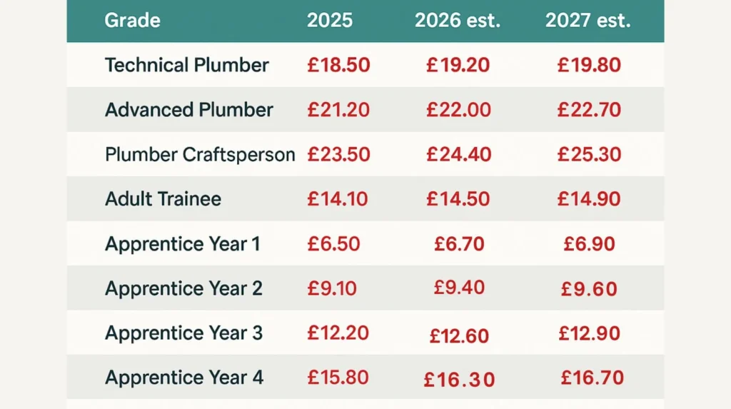 Table showing JIB-PMES estimated hourly rates 2025-2027 for Technical Plumber, Advanced Plumber, Plumber, Adult Trainees, and Apprentices Years 1-4