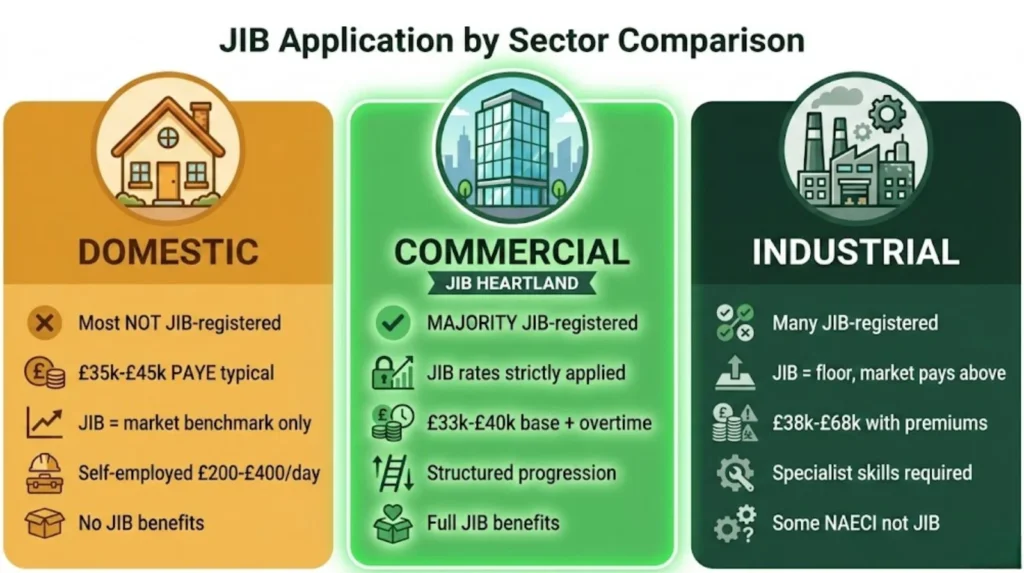 Three-sector comparison showing JIB deal applies strictly to commercial, acts as benchmark for domestic, and provides floor for industrial electrician wages