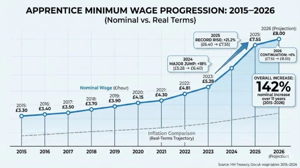 Timeline chart showing UK apprentice minimum wage rising from £3.30 (2015) to £8.00 (2026) with major increases in 2024-2025