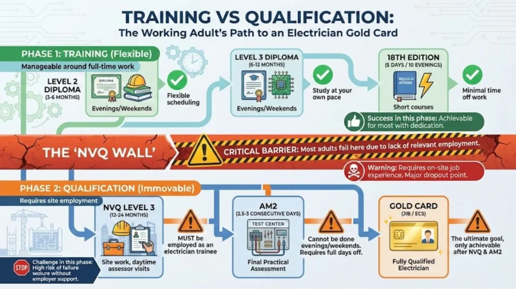 Timeline diagram showing training phase manageable around full-time work versus qualification phase requiring site employment transition and immovable time commitments
