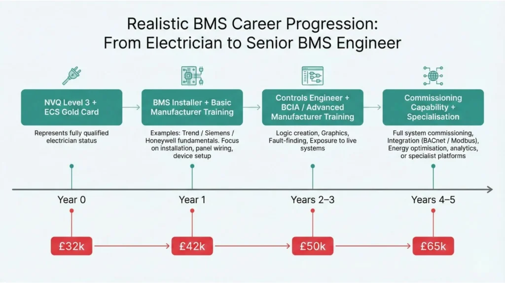 Timeline showing BMS career progression from qualified electrician to senior BMS engineer with skills milestones and salary growth.