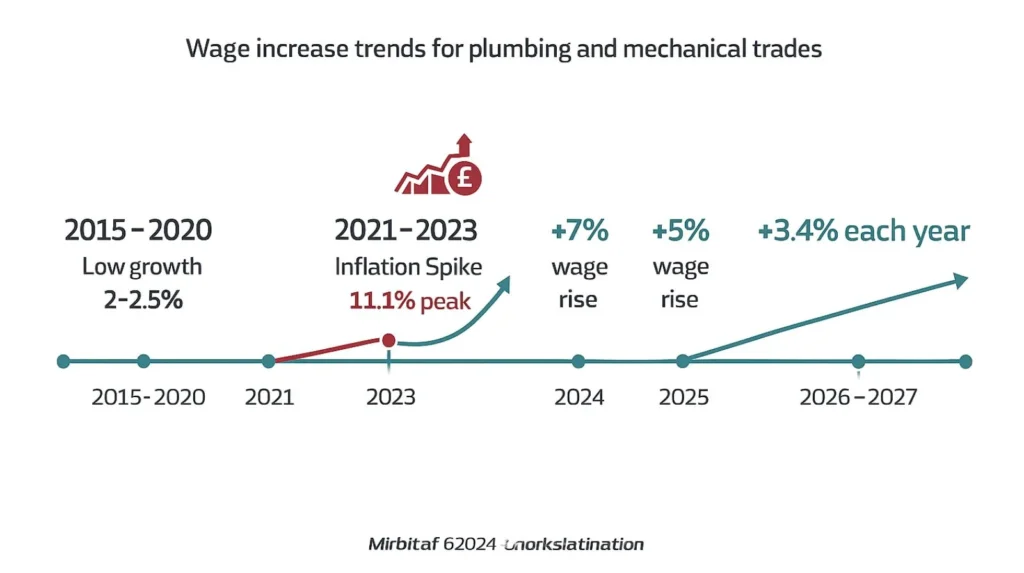 Timeline showing JIB-PMES wage increases 2015-2026 low growth 2015-2020, high corrective rises 2024-2025 (+7_, +5_), moderation 2026-2027 (+3.4_)