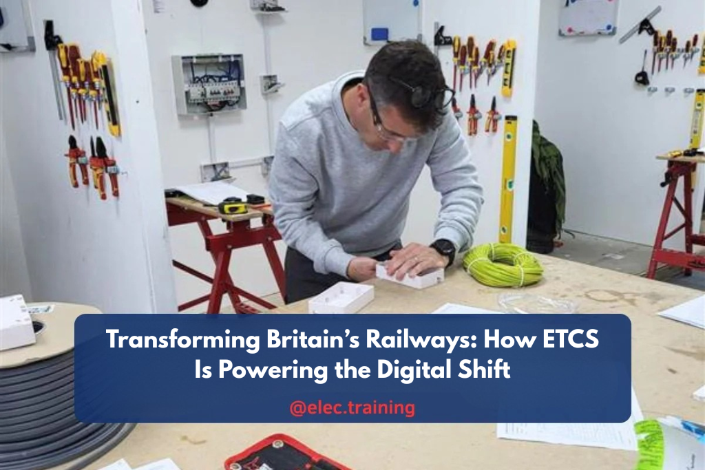 A trainee electrician assembling electrical components at a workbench in a training workshop