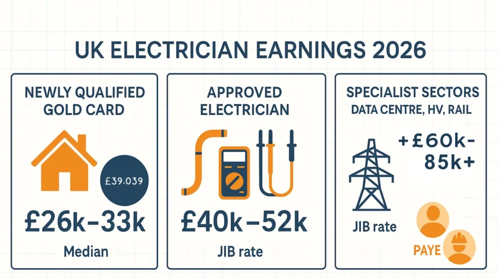 UK electrician earnings 2026 by qualification level and region.
