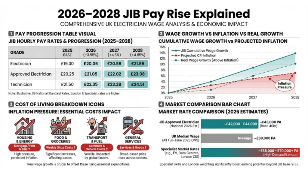 UK electrician hourly pay increases from 2025 to 2028, a comparison of wage growth vs inflation, cost-of-living impacts, and market salary comparisons.