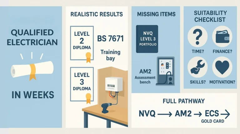 UK electrician pathway from diplomas to NVQ, AM2, and ECS Gold Card, with a checklist and a comparison to “qualified in weeks” adverts