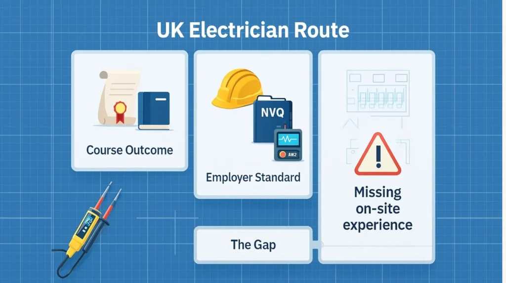 UK electrician route course outcome, employer standard (NVQ and AM2), and the gap of missing on-site experience