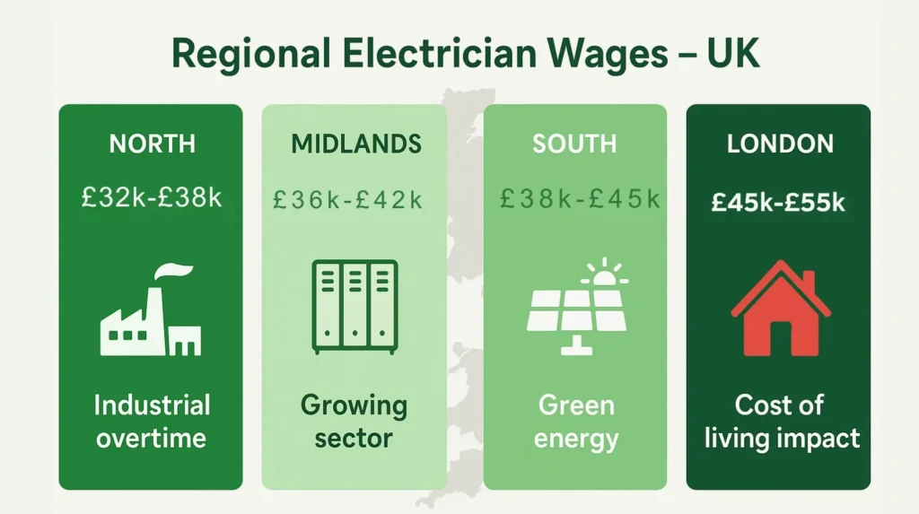 UK infographic comparing electrician wages by region North £32–38k, Midlands £36–42k, South £38–45k, London £45–55k.