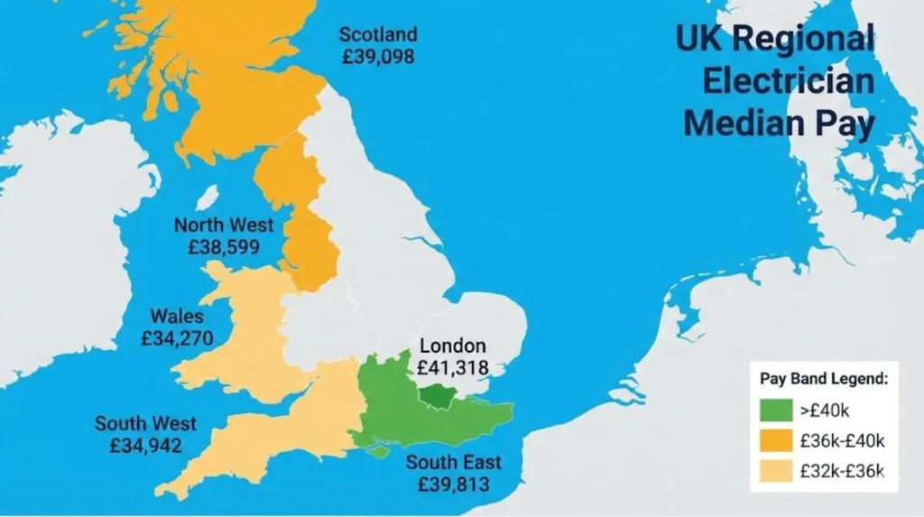 UK map showing regional median electrician salaries with colour-coded pay bands and city-specific figures