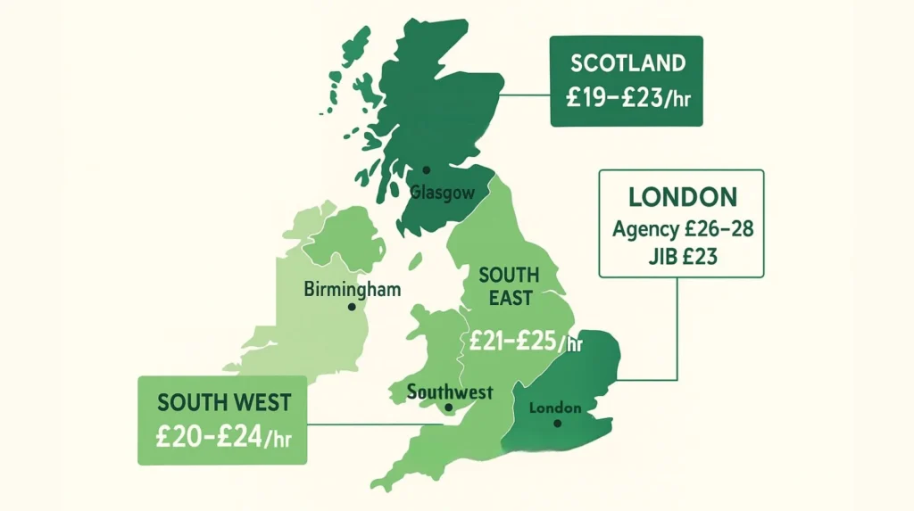 UK regional map comparing qualified electrician pay rates across different regions 2025