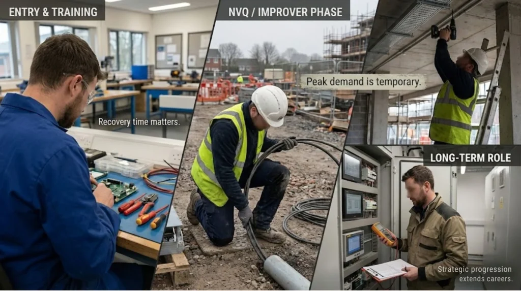 Visual progression of an electrician’s career from training workshop to site work and long-term professional role.