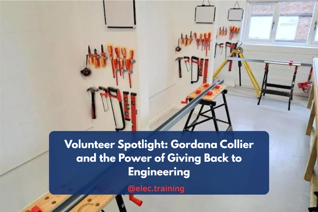 An electrical training workshop with neatly arranged wall-mounted tools and multiple workbenches.