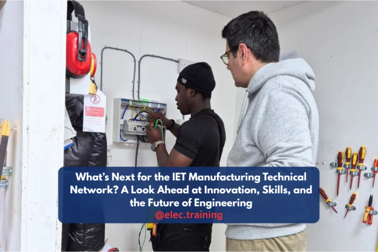 Two individuals carrying out wiring work inside an electrical consumer unit on a training wall