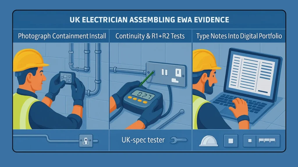 a UK electrician photographing containment, performing R1+R2 tests, and typing notes into a digital portfolio.