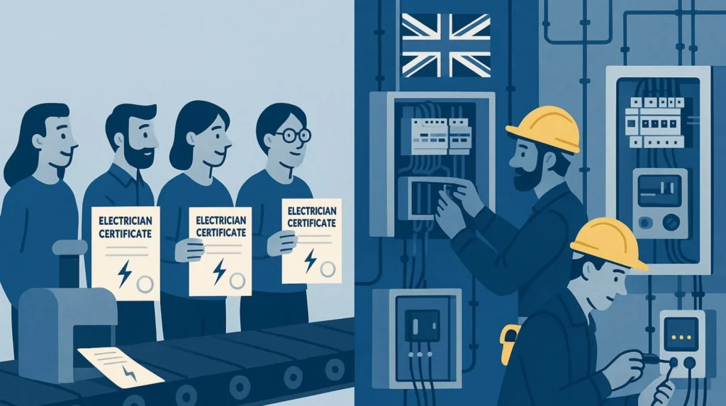 adults receiving electrician certificates on a conveyor belt, contrasted with experienced electricians working on complex electrical systems.