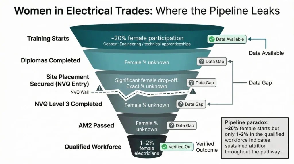 Pipeline funnel diagram showing 20% female starts in engineering apprenticeships decreasing to 1-2% in qualified electrician workforce with data gaps at intermediate stages
