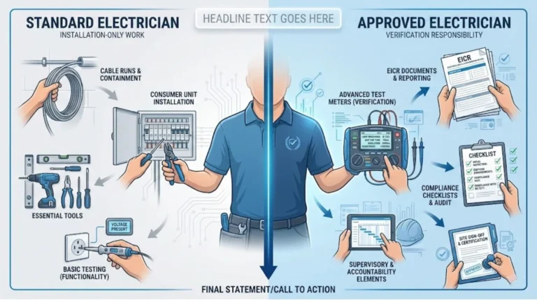 infographic comparing a Standard Electrician and an Approved Electrician, showing installation-only tasks on the left and testing, verification, documentation, and compliance responsibilities on the right.