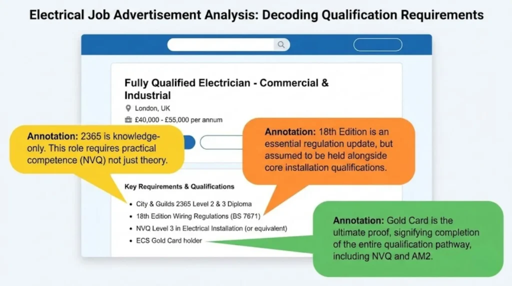 job advert showing how electrician qualification requirements like NVQ Level 3, 18th Edition, and ECS Gold Card are interpreted.