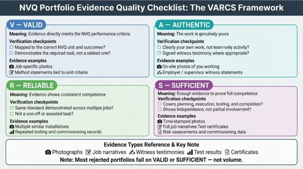 ARCS evidence quality criteria checklist showing verification checkpoints for Valid, Authentic, Reliable, Current, and Sufficient portfolio evidence standards