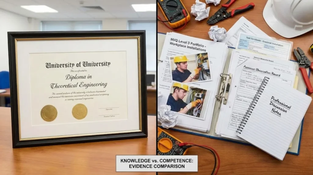 Academic diploma with an NVQ Level 3 workplace portfolio and assessment evidence.