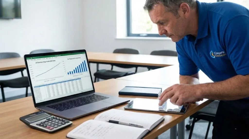 Analysis of ONS wage data showing electrician pay trends with charts and statistics demonstrating nominal growth versus real-terms purchasing power