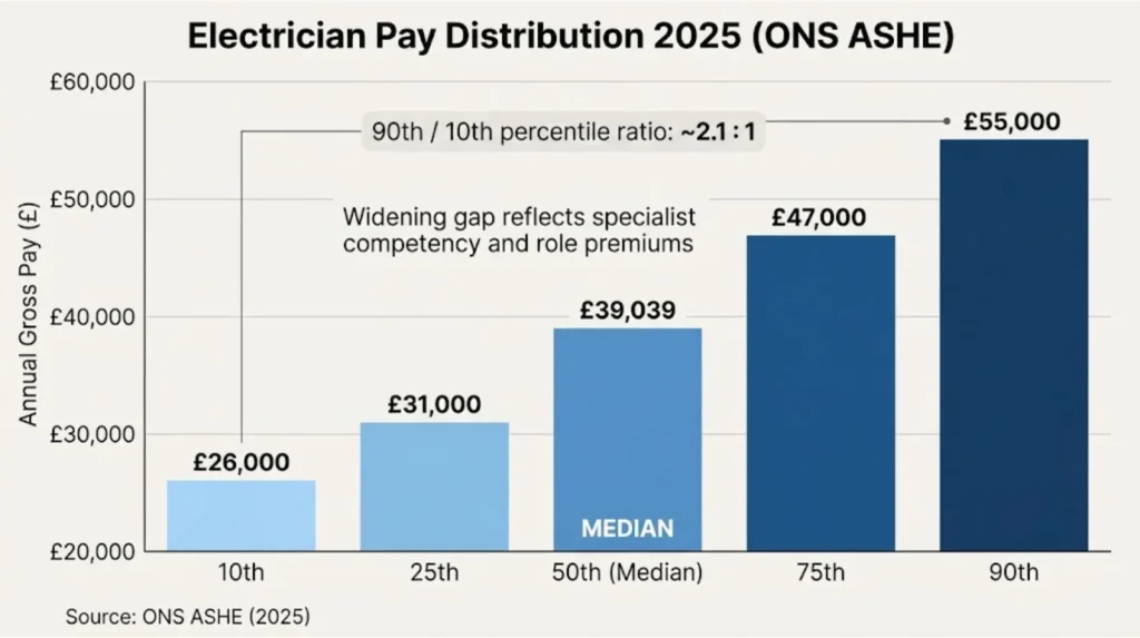 Bar chart showing UK electrician pay distribution 2025: 10th percentile £26k, 25th £31k, median £39,039, 75th £47k, 90th £55k, showing 2.1:1 spread between top and bottom deciles