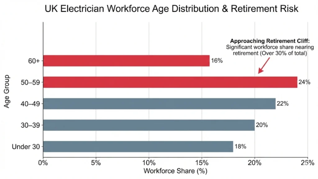 Chart showing the age distribution of the electrician workforce with a large over-50 segment highlighted
