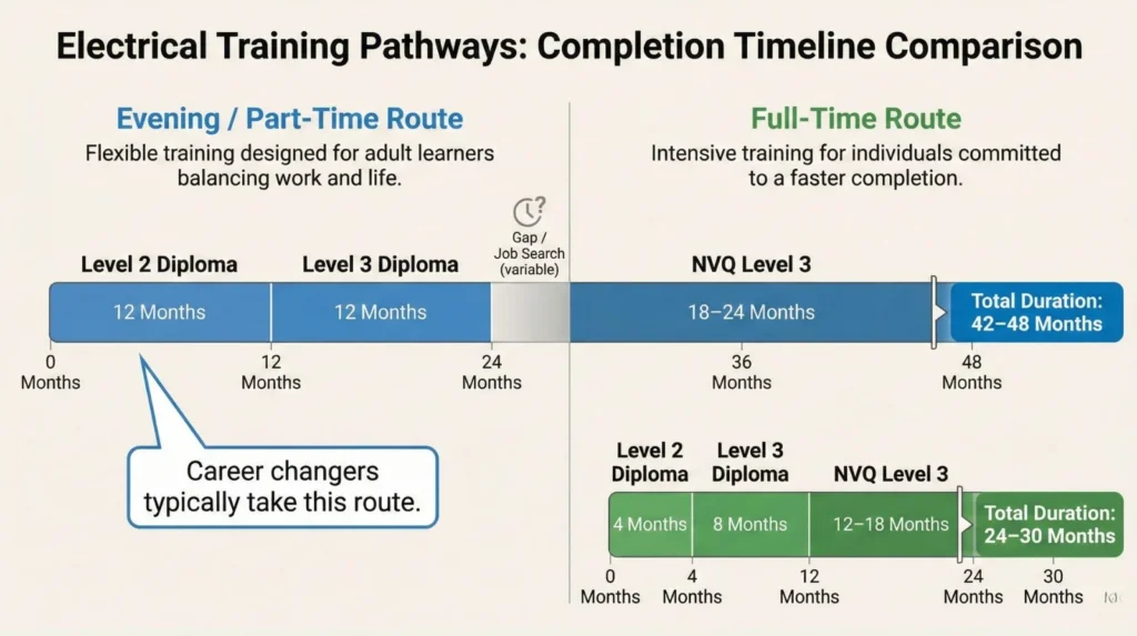 Comparison chart showing timeline differences between evening part-time and full-time electrical training routes for Birmingham adults