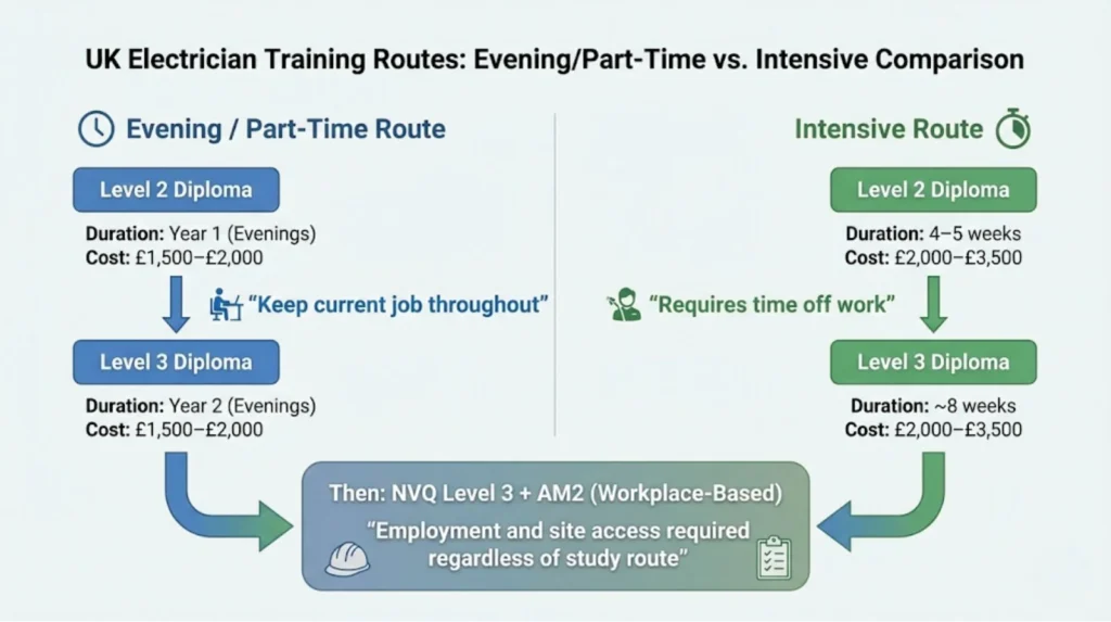 Comparison diagram showing evening part-time versus intensive full-time electrical training routes for adults in Wolverhampton