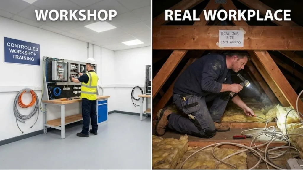 Comparison of controlled workshop training environment versus real workplace job site conditions showing access constraints and complexity
