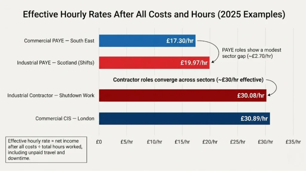 Comparison of effective hourly rates: Commercial PAYE £17.30, Industrial PAYE £19.97, Industrial contractor £30.08, Commercial CIS London £30.89, showing positioning within sectors matters more than sector labels