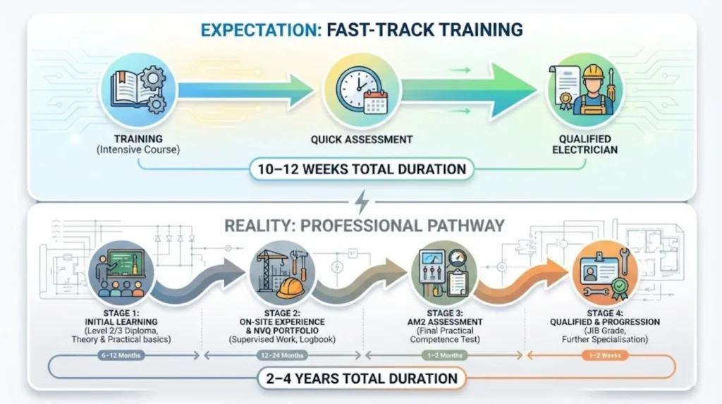 Comparison of fast-track electrician training expectations versus the real multi-year qualification pathway.