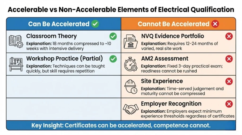 Comparison showing which elements of electrical qualification can be accelerated and which cannot in Birmingham fast-track courses