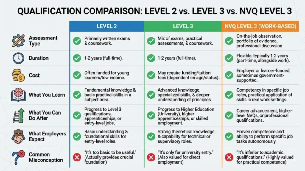 Comparison table showing key differences between Level 2, Level 3, and NVQ Level 3 electrical qualifications