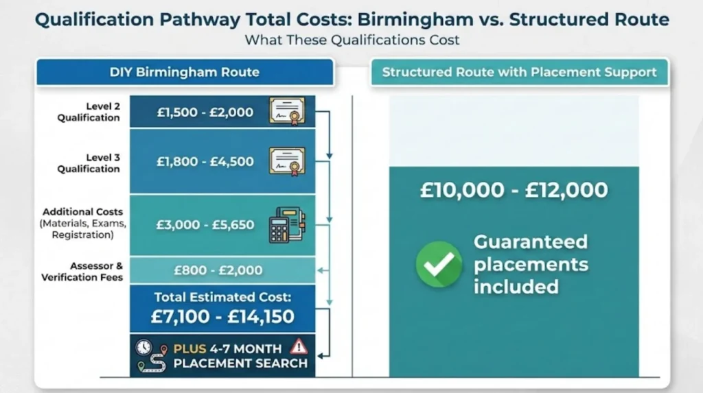 Cost comparison chart showing DIY Birmingham qualification route versus structured training with placement support