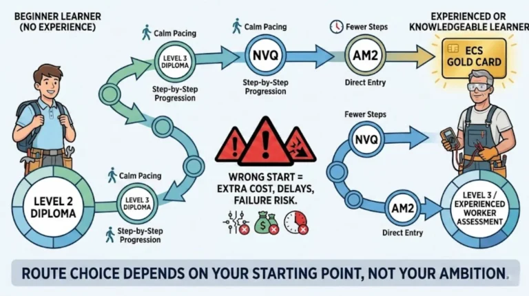 Diagram comparing beginner and experienced learner routes to electrician qualification, showing different starting points leading to NVQ, AM2, and ECS Gold Card.