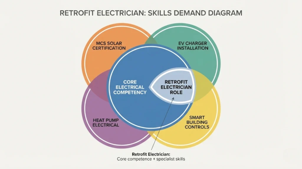Diagram showing core electrical competency overlapping with retrofit skills such as solar, EV charging, heat pumps, and smart controls