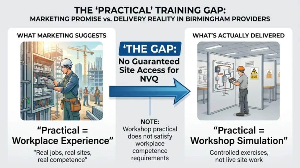 Diagram showing gap between marketed 'practical training' and actual workshop simulation without workplace access in Birmingham elec training courses