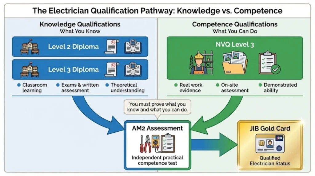 Diagram showing knowledge qualifications (Level 23) versus competence qualifications (NVQ) in UK electrical training pathway